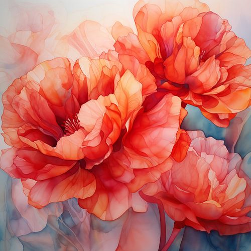 Fleurs en organza rouge, rose, pêche floue