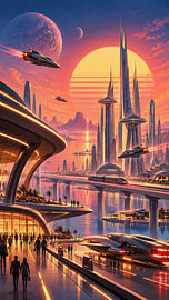 Futuristic Neon City With Flying Spaceships And Advanced Space Civilization by Alfonz