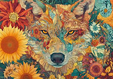 Zomer Wolf en Zonnebloemen Abstract van Abstract Schilderij