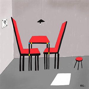 Zwei leere rote Stühle und ein Hocker in einem kleinen Wartezimmer von Martin Groenhout