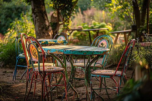 Moderne eetkamer met kleurrijke stoelen