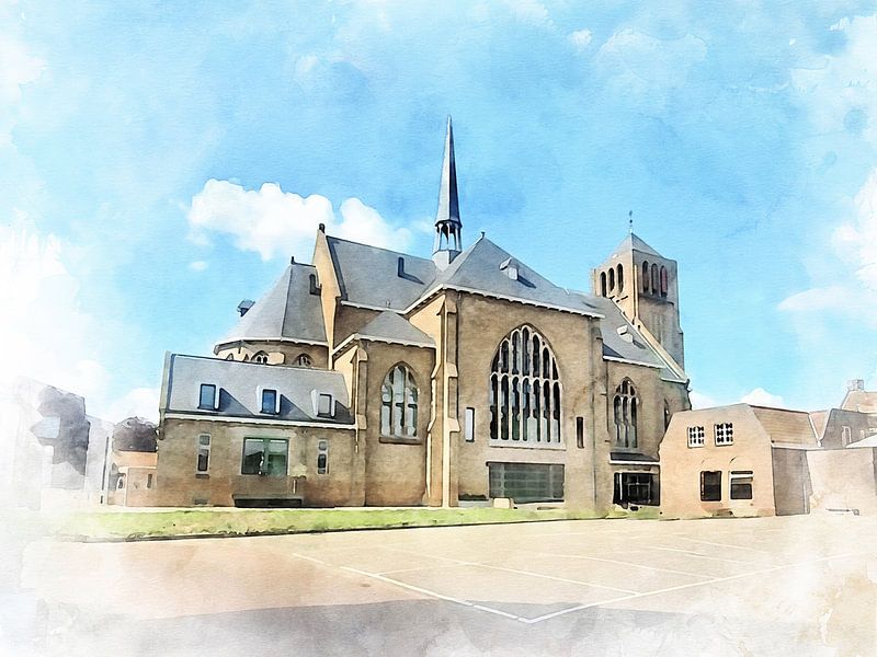 Watercolour image of the Joannes church in Sluis, Zeeuws-Vlaanderen by Danny de Klerk