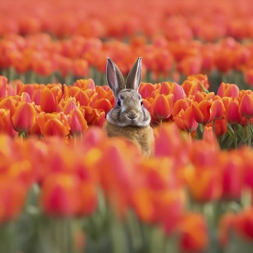 Lapin dans un champ de tulipes qui vous regarde