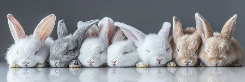 Sept adorables lapins se blottissent l'un contre l'autre pour dormir par Digitale Schilderijen