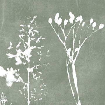 Monotype of monoprint van gras en tak in groen grijs. Botanische illustratie in vintage stijl. van Dina Dankers