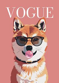 Shiba Inu, stilvoll mit Sonnenbrille, der rosa Kaugummi bläst – Vogue-Poster von Cross