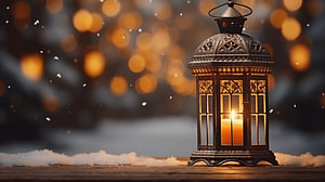 Alte Vintage-Laterne auf einem hölzernen Fensterrahmen mit Bokeh im Hintergrund