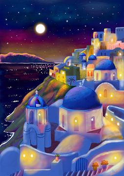 Santorini, Greece By Night by Aniet Illustration