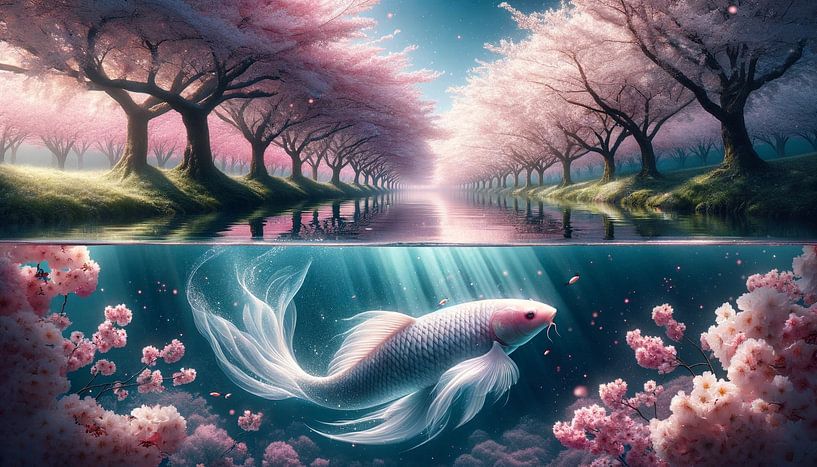 Koi dansen in de kersenbloesemrivier van artefacti