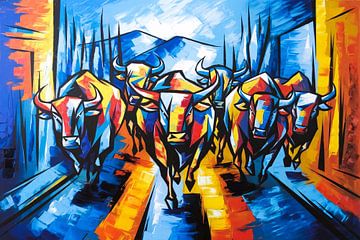 Kleurrijke stieren in abstract landschap van Art & Soul Creations