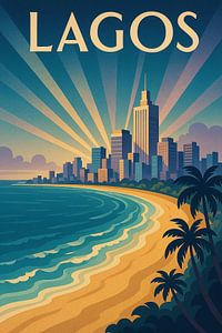 Lagos Art Deco Poster - Atlantikküste und moderne Skyline in der Abenddämmerung