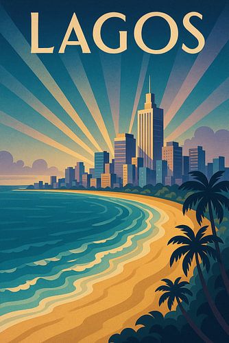 Lagos Art Deco Poster - Atlantische kustlijn en moderne skyline bij zonsondergang