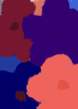 Pop-art bloemen in blauw, wijnrood, violet en koraal. van Dina Dankers