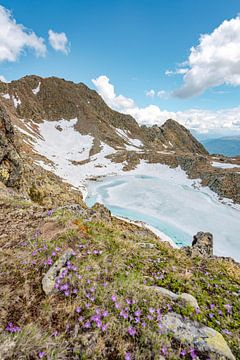 Turquoise bergmeer met sneeuw en ijs bij Pfunders in Zuid-Tirol van Leo Schindzielorz