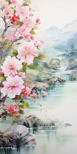 Heel mooi prachtig landschap met water en bergen in azië stijl