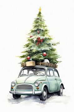 Petite voiture de Noël avec arbre de Noël sur But First Framing