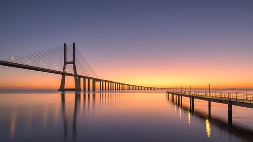 Sunrise at the Vasco da Gama Bridge, Lisbon, Portugal