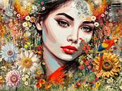 Vrouwelijk Portret met Bloemen en Kleurrijke Papegaai van Arjen Roos thumbnail