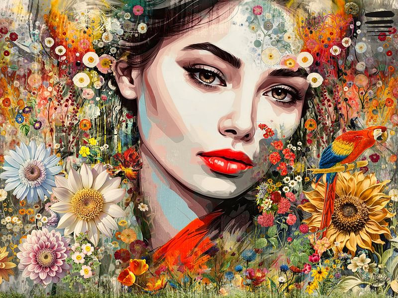 Vrouwelijk Portret met Bloemen en Kleurrijke Papegaai van Arjen Roos