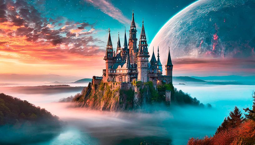 Schloss mit Nebel und Sonnenaufgang von Mustafa Kurnaz