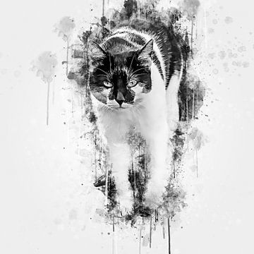 Zwart-wit kat (mixed media) van Art by Jeronimo