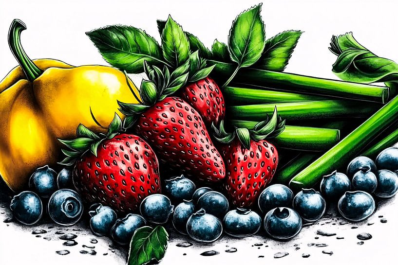 Buntes Stillleben mit Obst und Gemüse von Art & Soul Creations