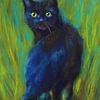 Schwarze Katze im grünen Gras Acrylgemälde von Karen Kaspar
