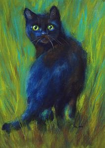 chat noir dans l'herbe verte peinture acrylique