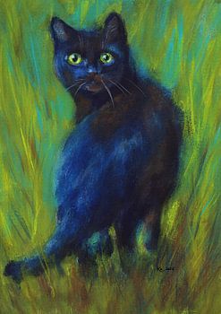 Black Cat in the Green Grass Acrylic Painting