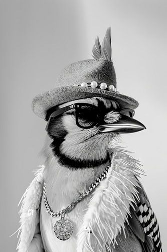 Oiseau à la mode avec chapeau et lunettes de soleil en noir et blanc