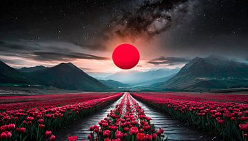 Landscape with flowers and red moon by Mustafa Kurnaz