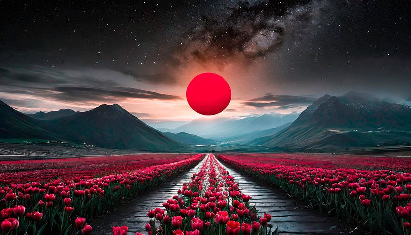 Landscape with flowers and red moon by Mustafa Kurnaz