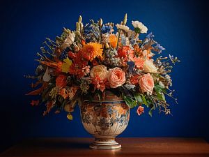 Uitbundig bloemstilleven in vaas op blauwe achtergrond