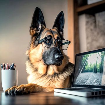 Deutscher Schäferhund hinter Schreibtisch mit Brille von Harvey Hicks