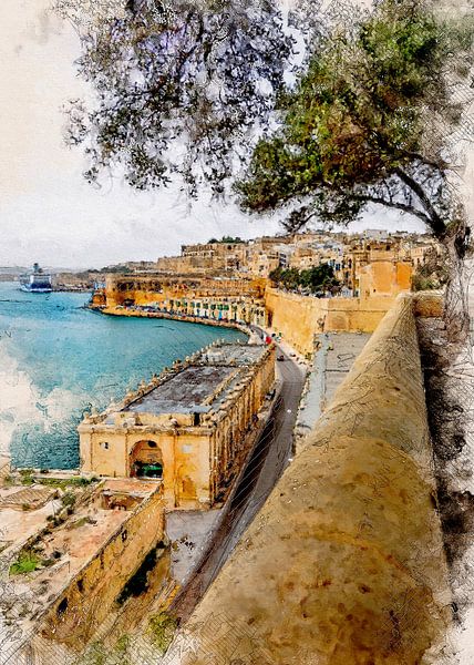 Malta Valetta stad aquarel schilderij #malta van JBJart Justyna Jaszke