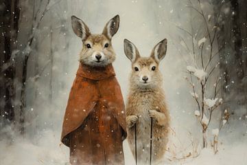Two hares in a winter landscape by Carla Van Iersel