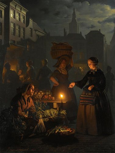 Een groentemarkt bij maanlicht, Petrus van Schendel