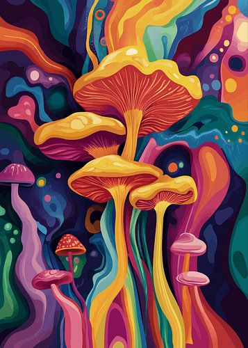 Gele paddenstoelen in een psychedelische kleurenwerveling