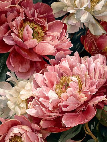 Peinture florale élégante représentant des pivoines