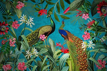 Stralende vintage pauw in het tropisch regenwoud van Floral Abstractions