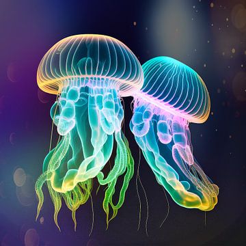 Two neon jellyfish