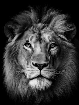 Puissance majestueuse : portrait d'un lion en noir et blanc sur Eva Lee