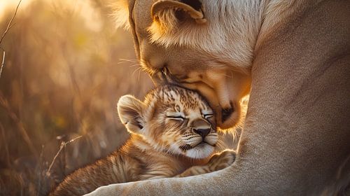 Tender Lioness and Cub Embrace
