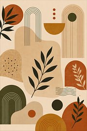Boho Modern Botanical Abstract Art – Earthy Geometric Arch Wall Art – Terracotta & Ochre