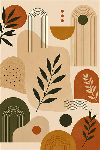 Moderne abstrakte Kunst im Boho-Stil mit botanischen Motiven – Wandbild mit erdigen, geometrischen Bögen – Terrakotta & Ocker