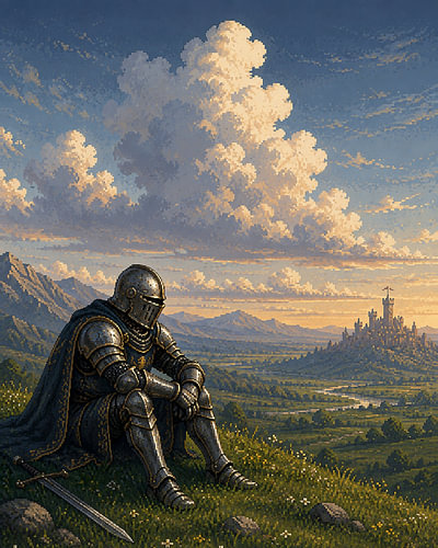 Chevalier en pixel art se reposant sur une colline surplombant un royaume médiéval