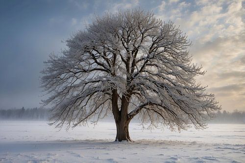 Winterboom in besneeuwd landschap bij zonsondergang