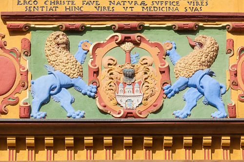Armoiries du portail d'entrée coloré de Renaissace de l'Alte Raths-Apotheke de 1598, L�neburg, Basse