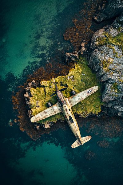 Gezonken vliegtuigwrak - luchtfoto van Poster Art Shop