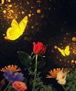 Les papillons dorés visitent une rose rouge par Bert Hooijer Aperçu
